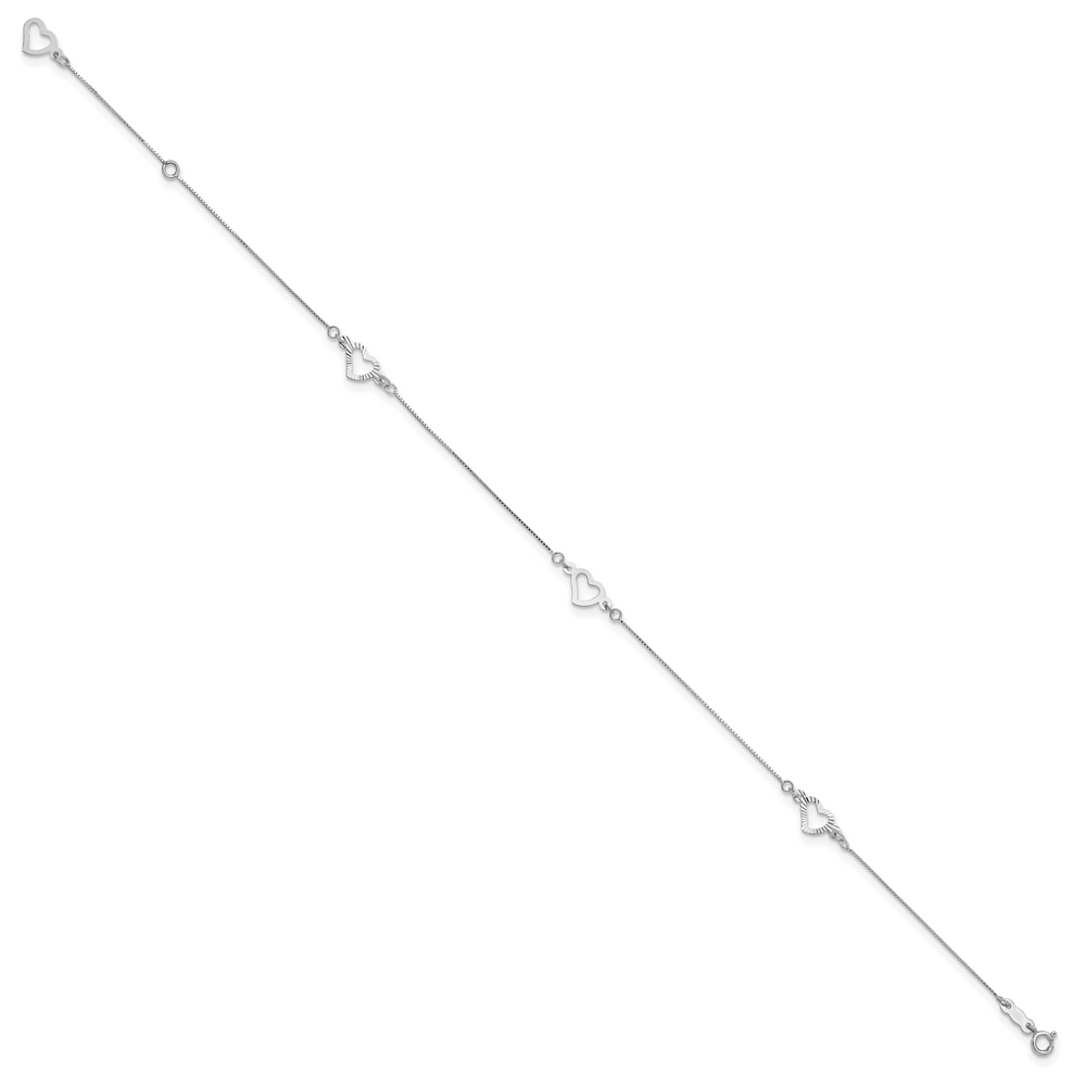14K White Gold Fancy Heart 9in Plus 1in ext. Anklet