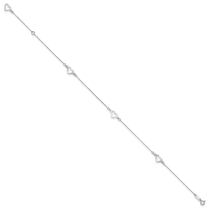 14K White Gold Fancy Heart 9in Plus 1in ext. Anklet