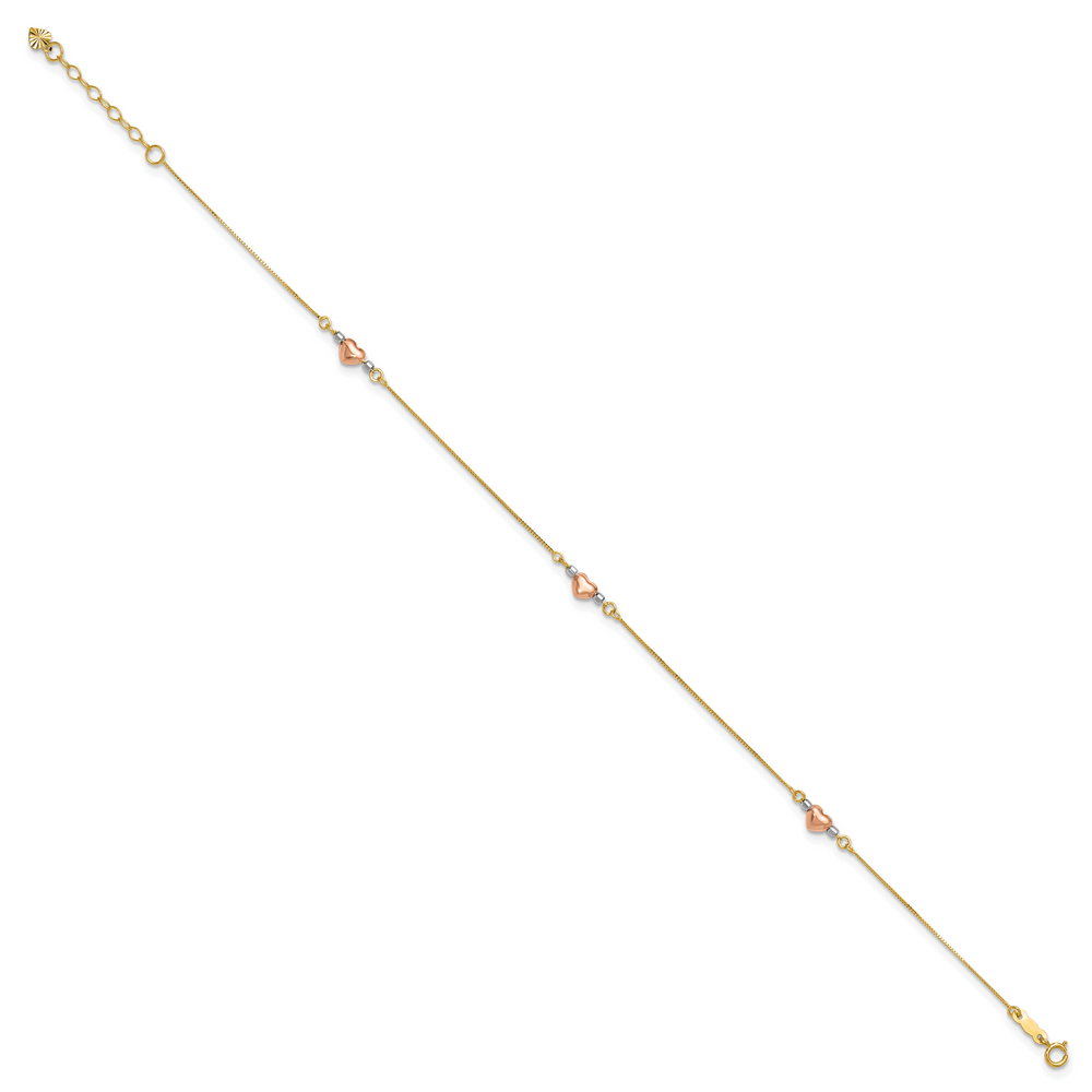 14k Tri-Color Puffed Heart 9in Plus 1in ext Anklet