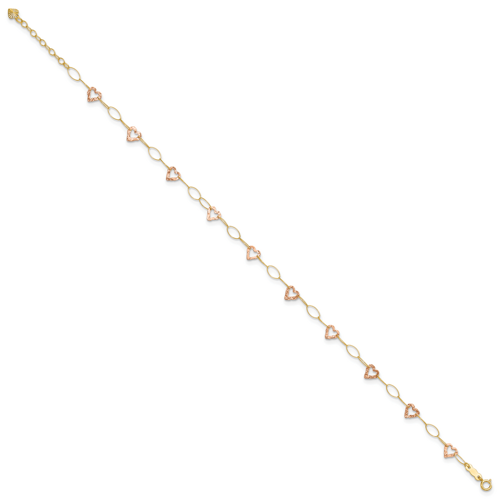 14k Two-tone Adjustable Heart 9in Plus 1in extension Anklet
