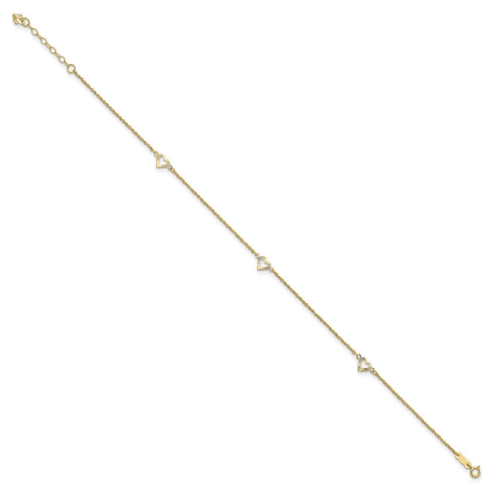 14k Diamond-cut Hearts 9in Plus 1in ext Anklet
