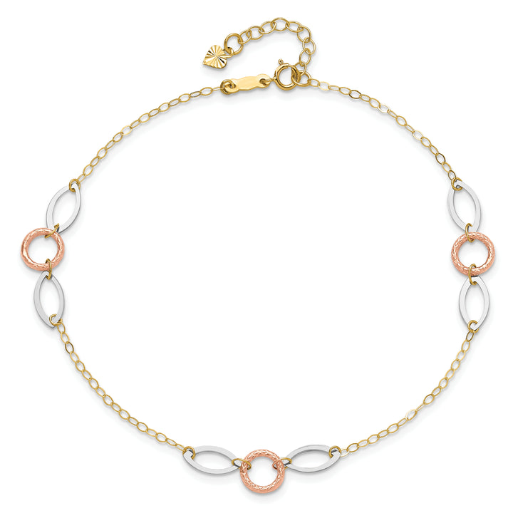 14k Tri-color Circle and Oval 9in Plus 1in ext. Anklet