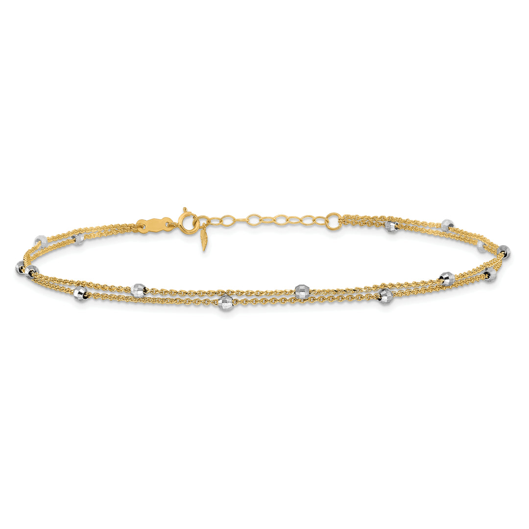 14K Two-tone 2-Strand Spiga Mirror Beads 9in Plus 1in Ext. Anklet