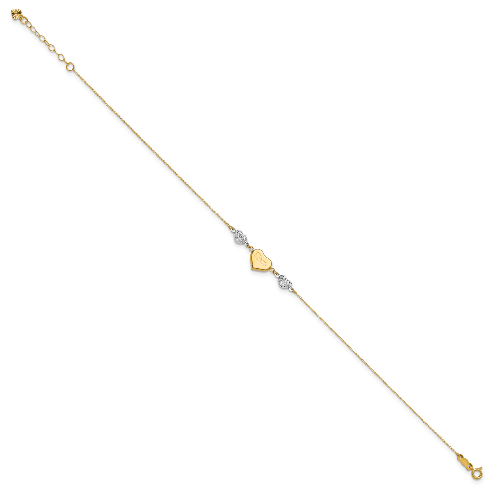 14K Two-tone Diamond-cut Puffed Hearts MOM 9in Plus 1in ext Anklet