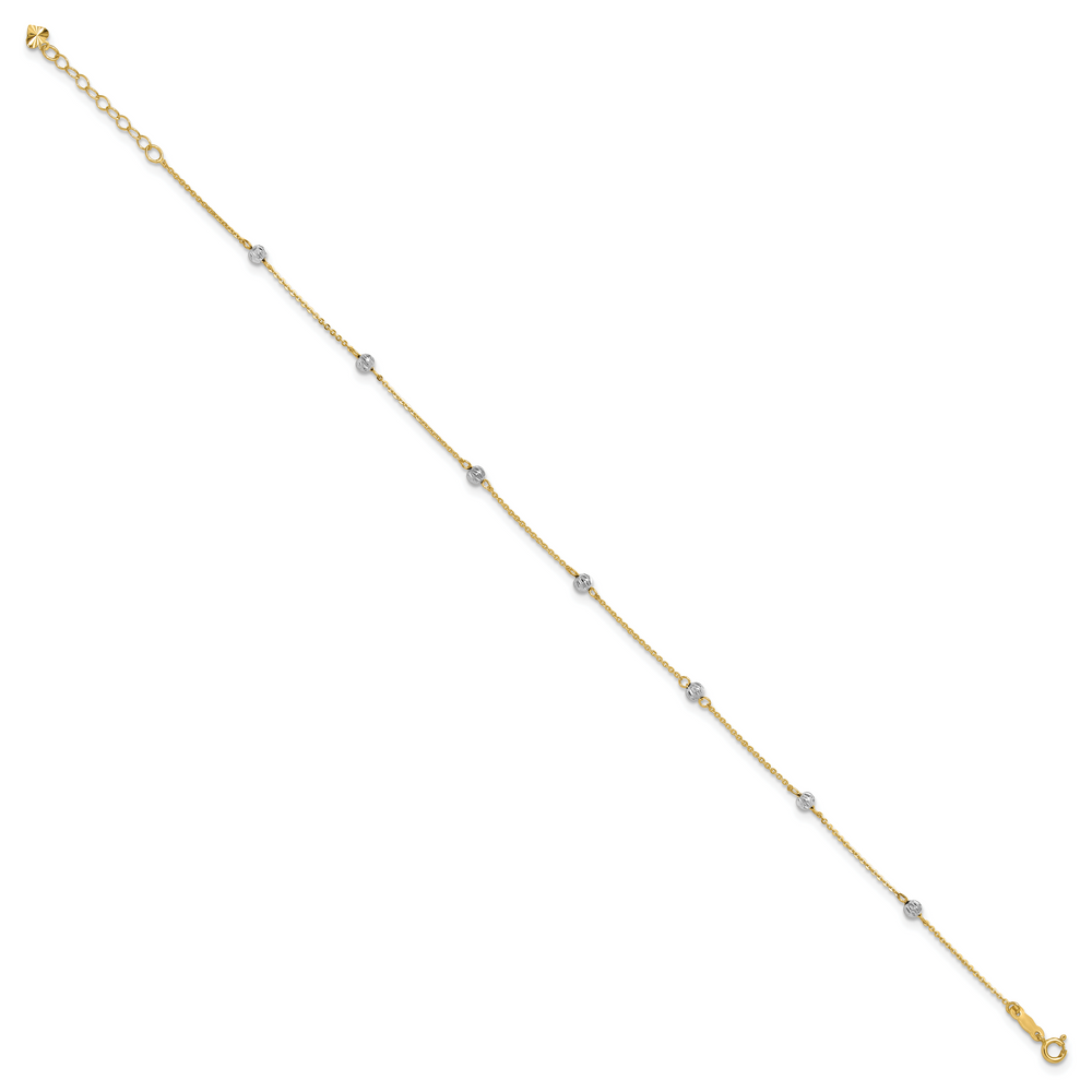 14K Two-tone Diamond-cut Beads 9in Plus 1in Ext. Anklet