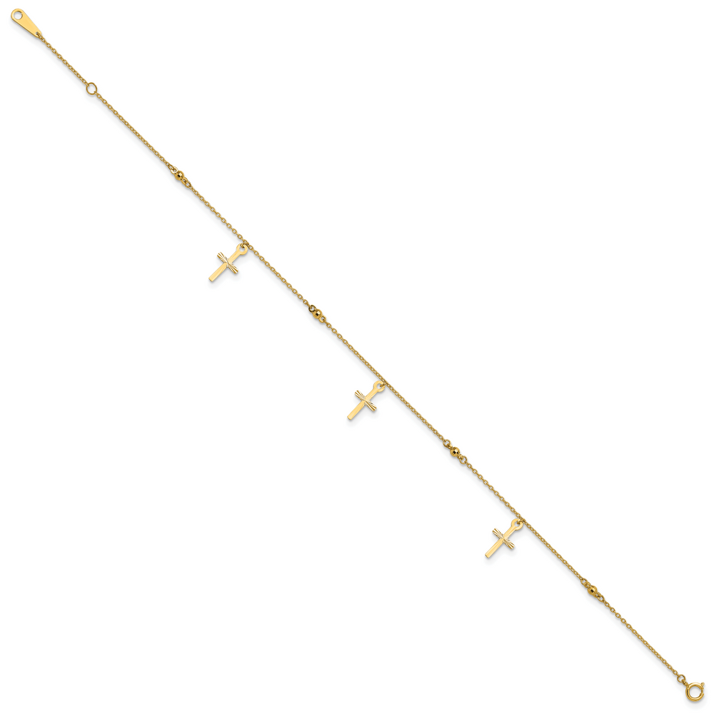14k Polished and Diamond-cut Cross 9in Plus 1in ext. Anklet