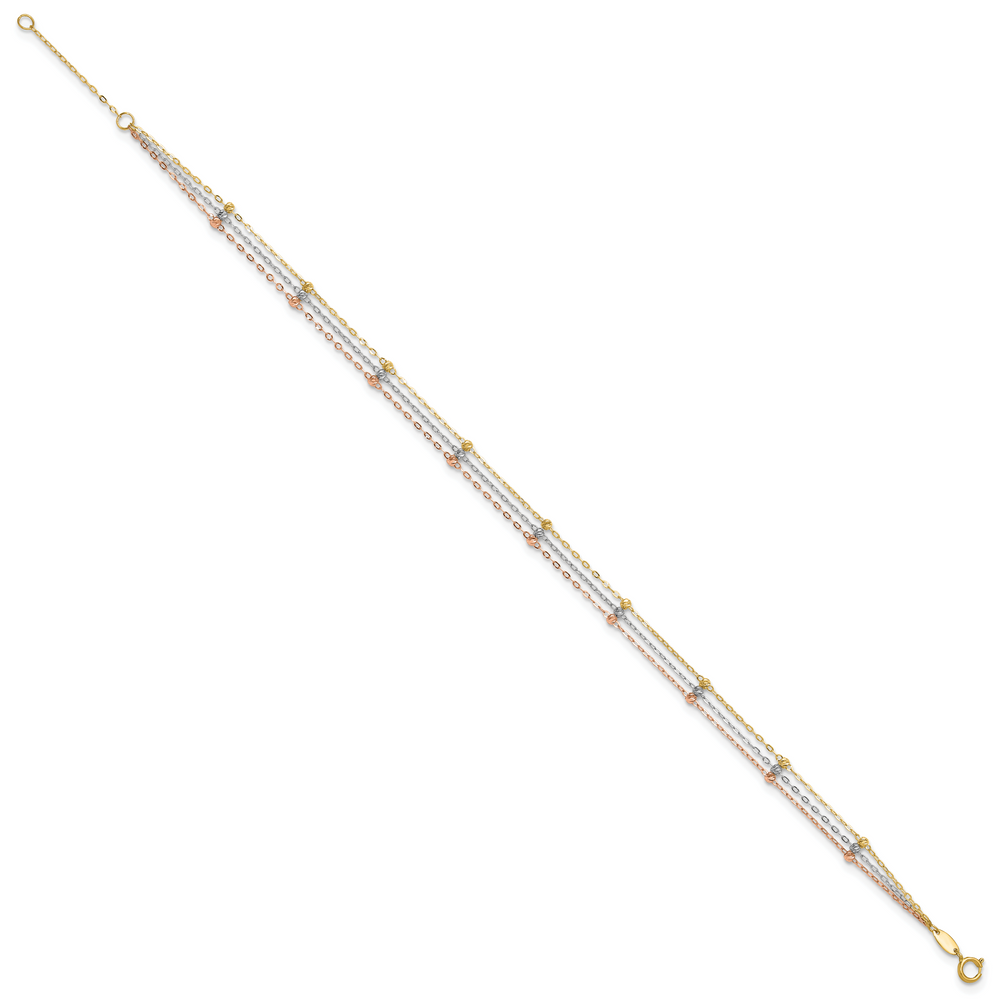 14k Tri-color 3-Strand Diamond-cut Beaded 9in Plus 1in ext Anklet