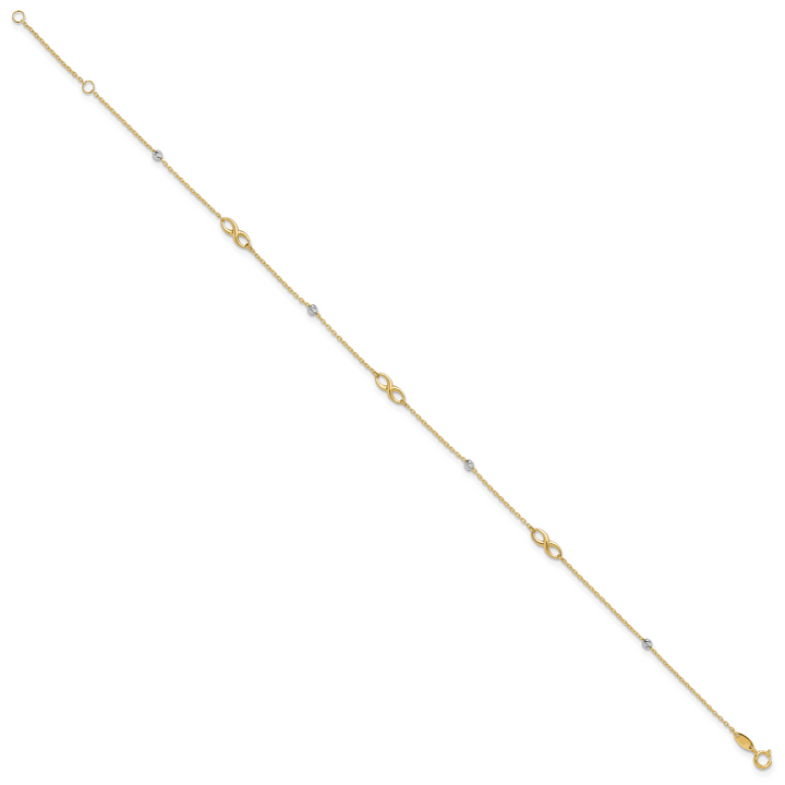 14K Two-Tone Diamond-cut Beads and Infinity 10in Plus 1in ext. Anklet