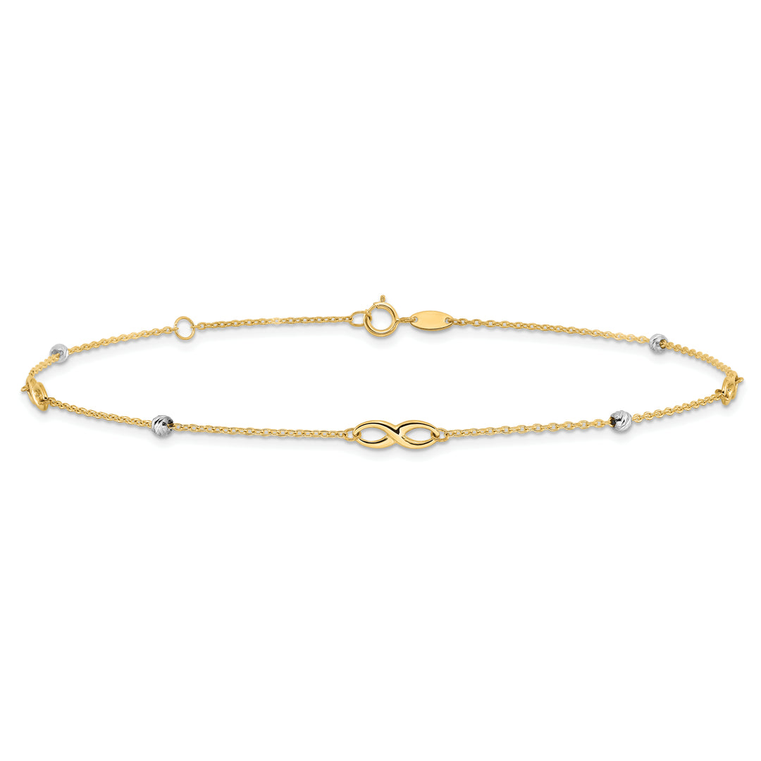 14K Two-Tone Diamond-cut Beads and Infinity 10in Plus 1in ext. Anklet