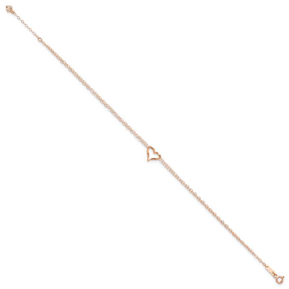 14k Rose Gold Double Strand Heart 9in Plus 1in Ext Anklet