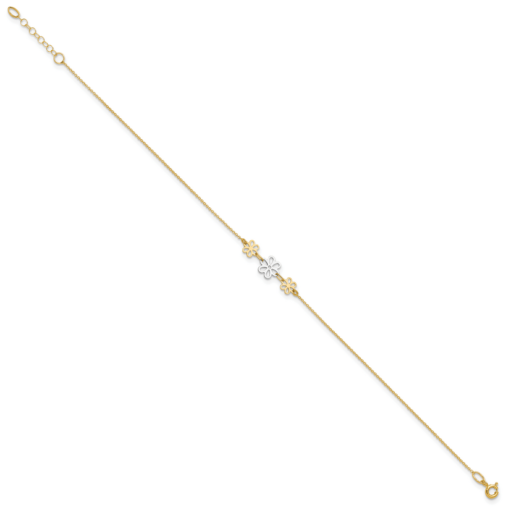 14K Two-tone Polished Three Flower 9in Plus 1in ext Anklet