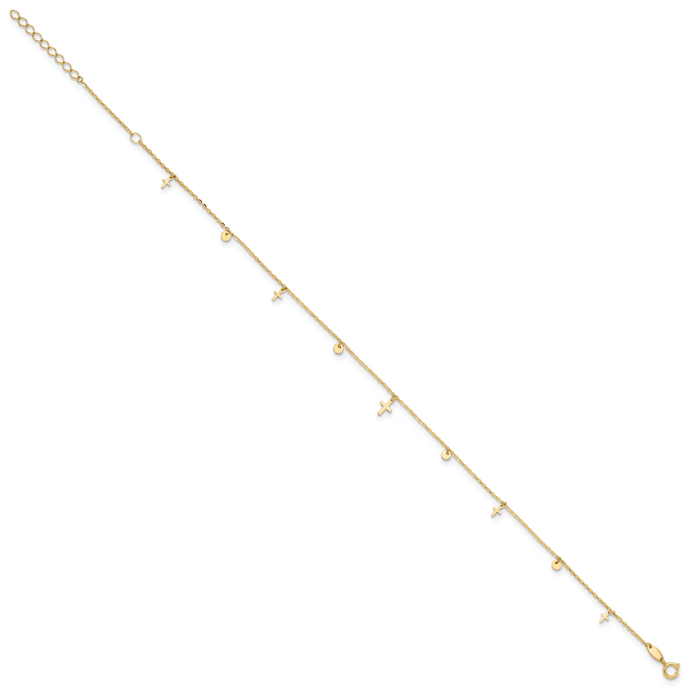 14K Polished Crosses 9in Plus 2in ext. Anklet