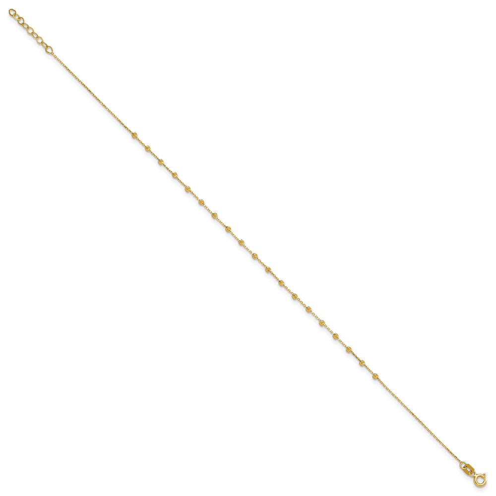 14K Polished Diamond-cut Beaded 9in Plus .75in ext. Anklet