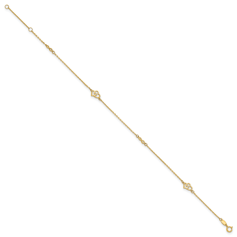 14k Polished Hearts and Infinity 9in Plus 1in ext. Anklet