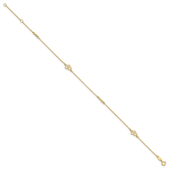 14k Polished Hearts and Infinity 9in Plus 1in ext. Anklet