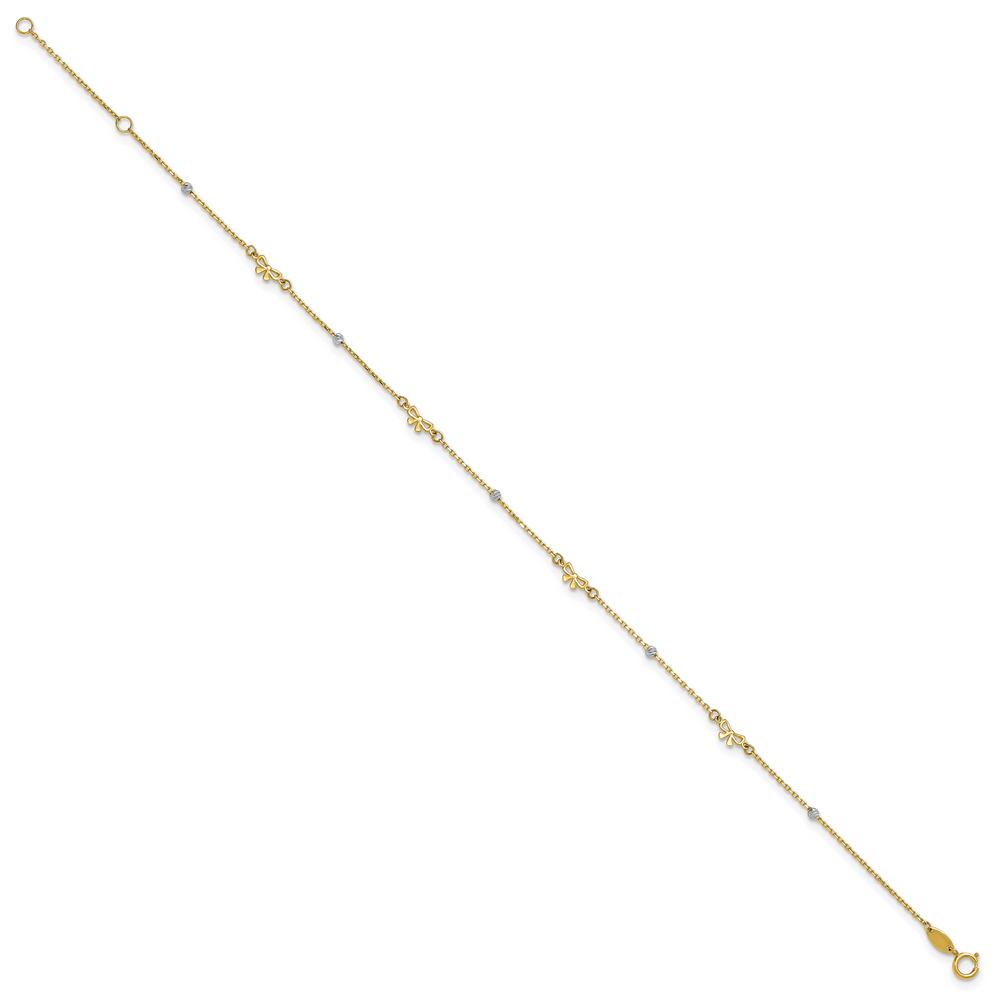 14k Two-tone Polished 9in Plus 1in ext. D/C Bead and Bows Anklet