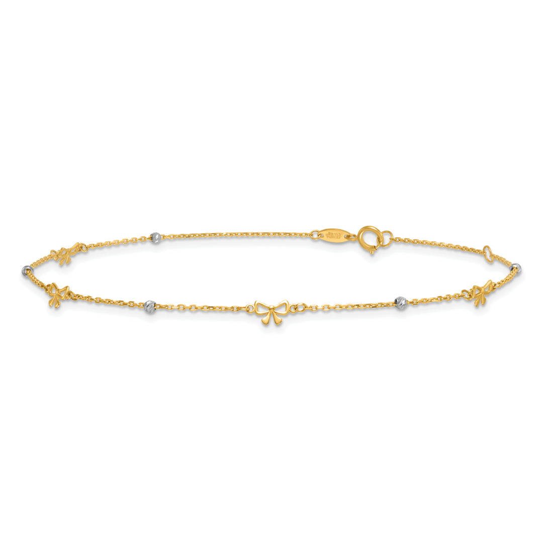 14k Two-tone Polished 9in Plus 1in ext. D/C Bead and Bows Anklet