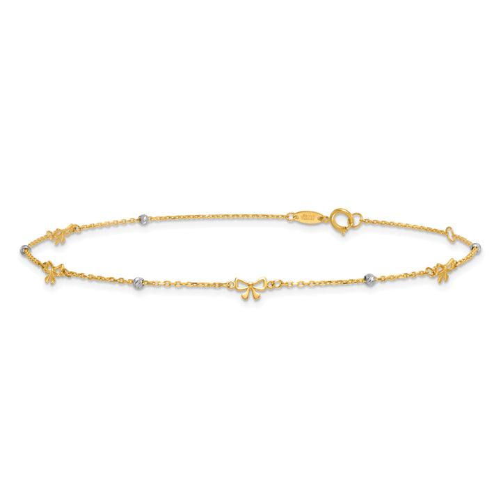 14k Two-tone Polished 9in Plus 1in ext. D/C Bead and Bows Anklet
