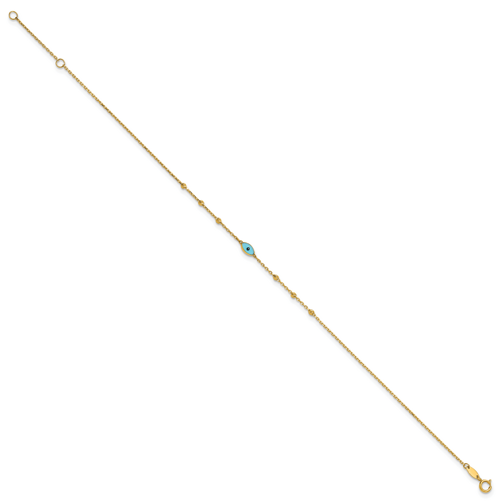 14k Diamond-cut Stations Blue Glass Evil Eye 9in Plus 1in ext. Anklet