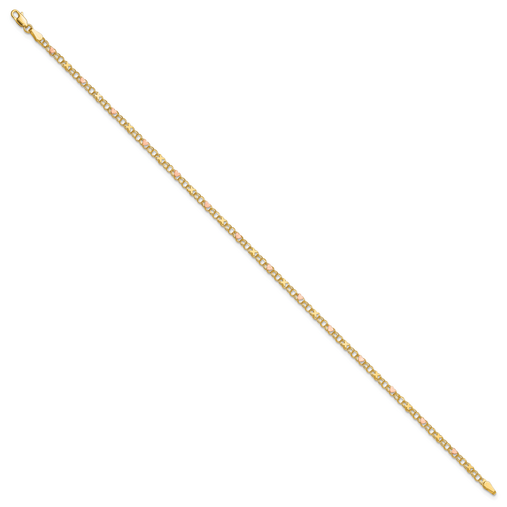 14k and Rose Xs and Hearts 10in Anklet