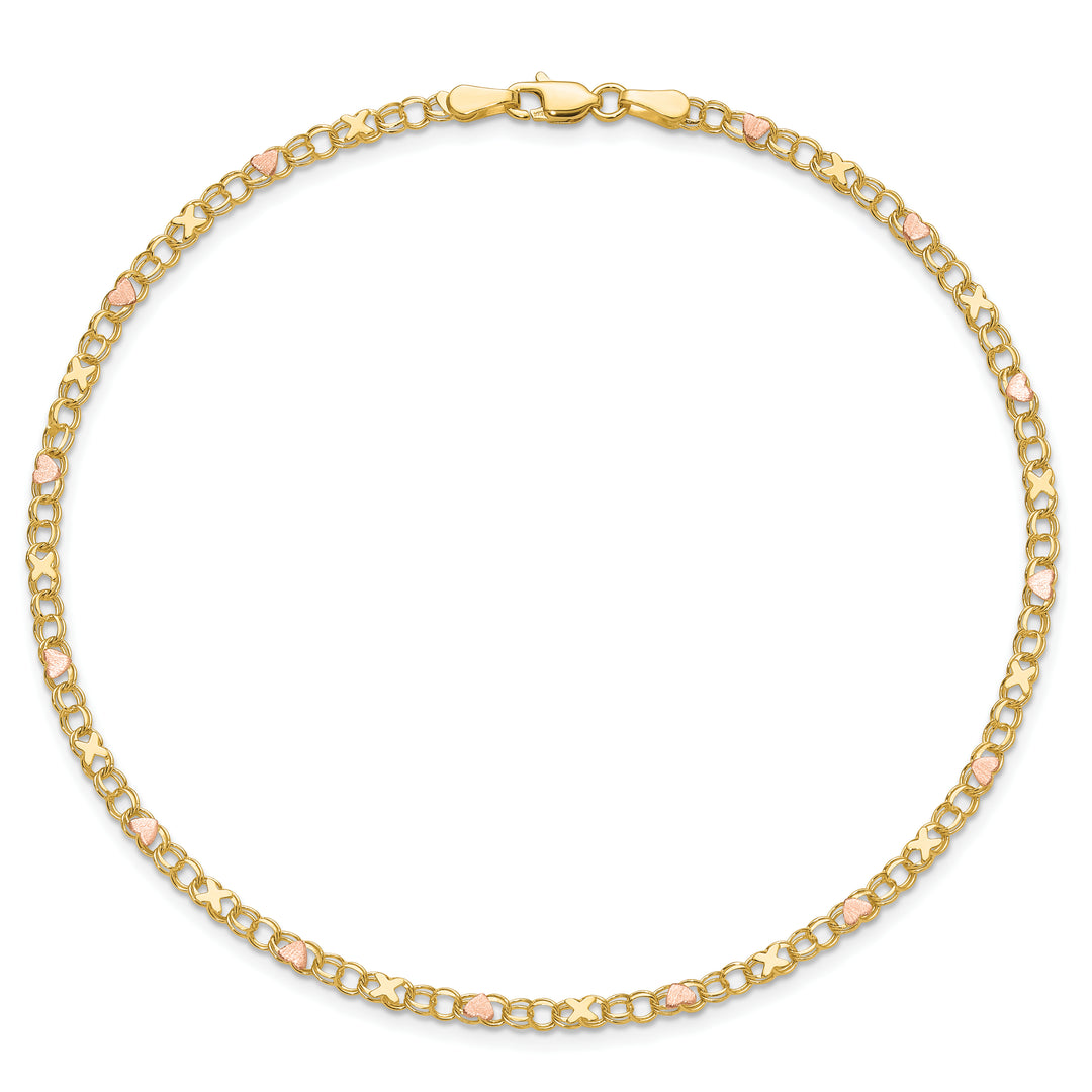 14k and Rose Xs and Hearts 9in Anklet