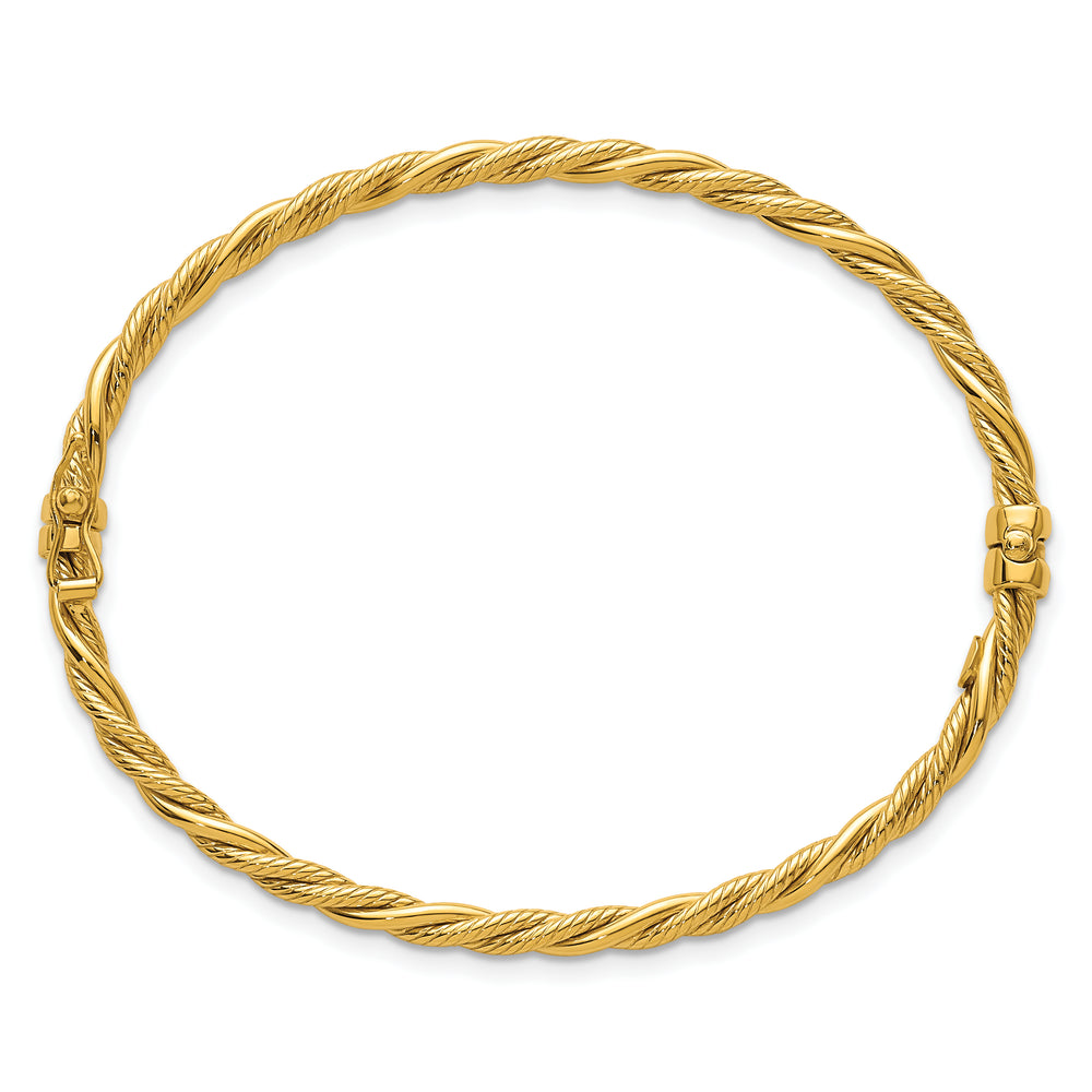 14K Polished and Textured Twisted Hinged Bangle