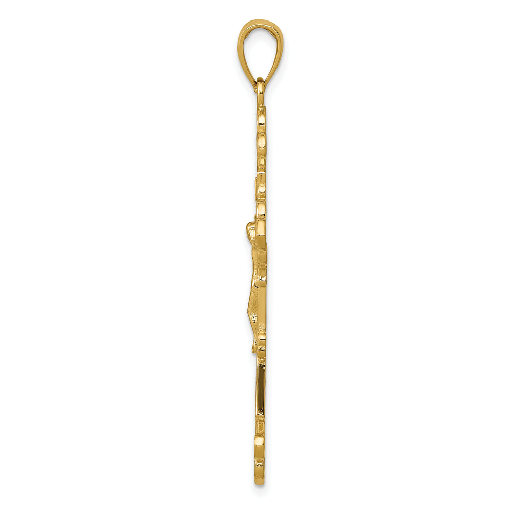 14K Polished Textured INRI Crucifix Fleur de Lis Pendant