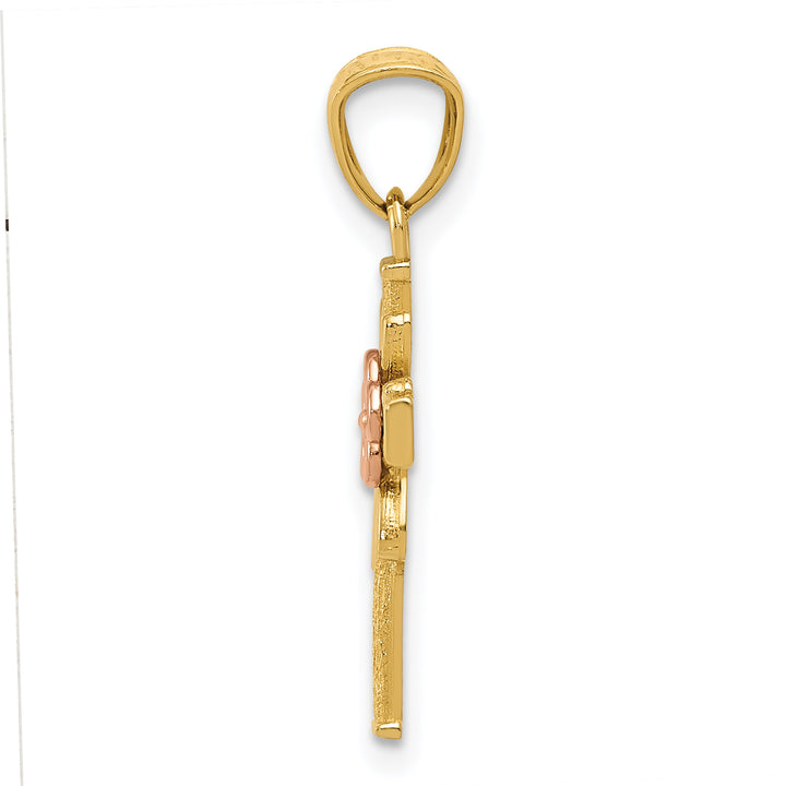 14K Two-tone Polished D/C Cross w/Flower Pendant