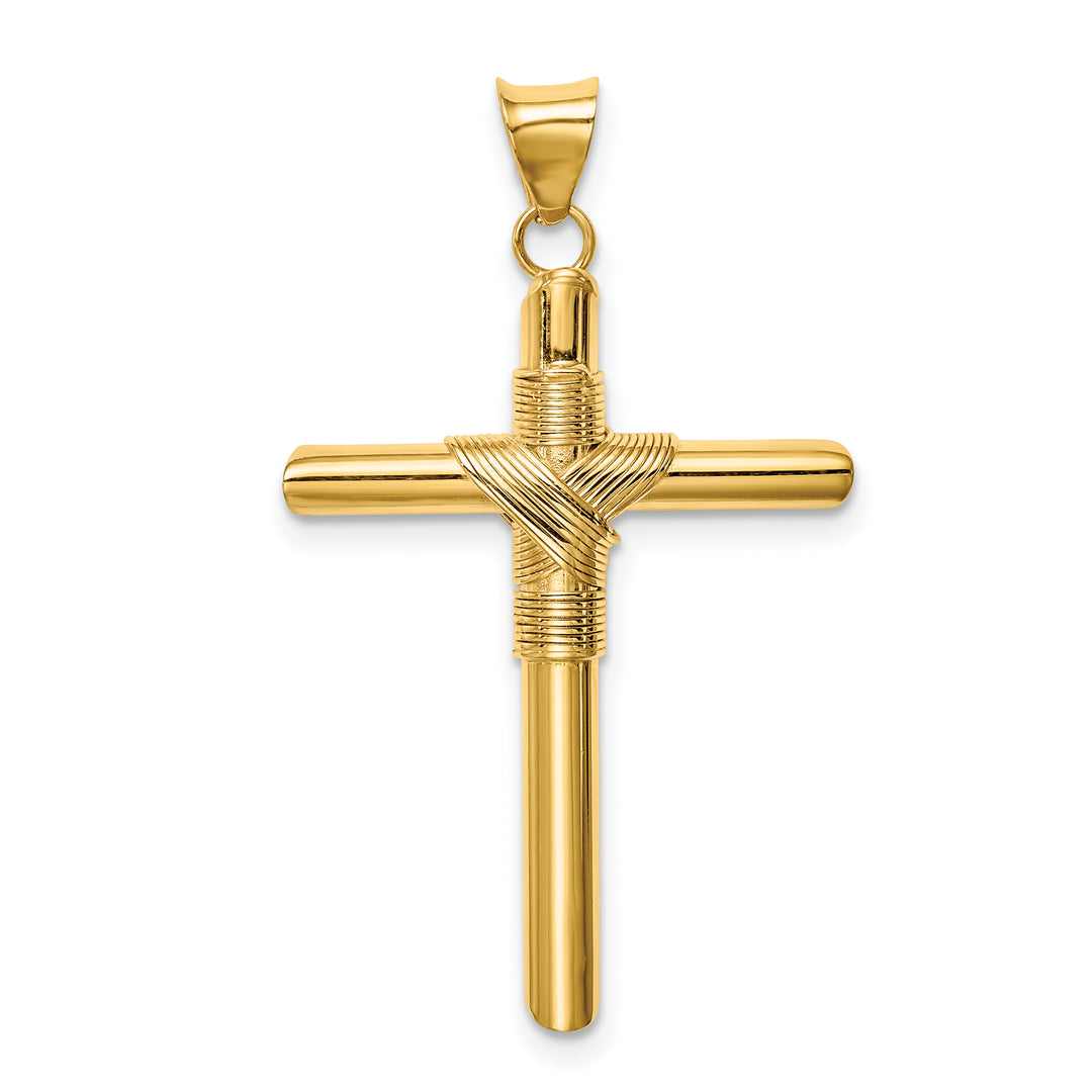 14K Polished w/Center Wrap Tube Cross Pendant
