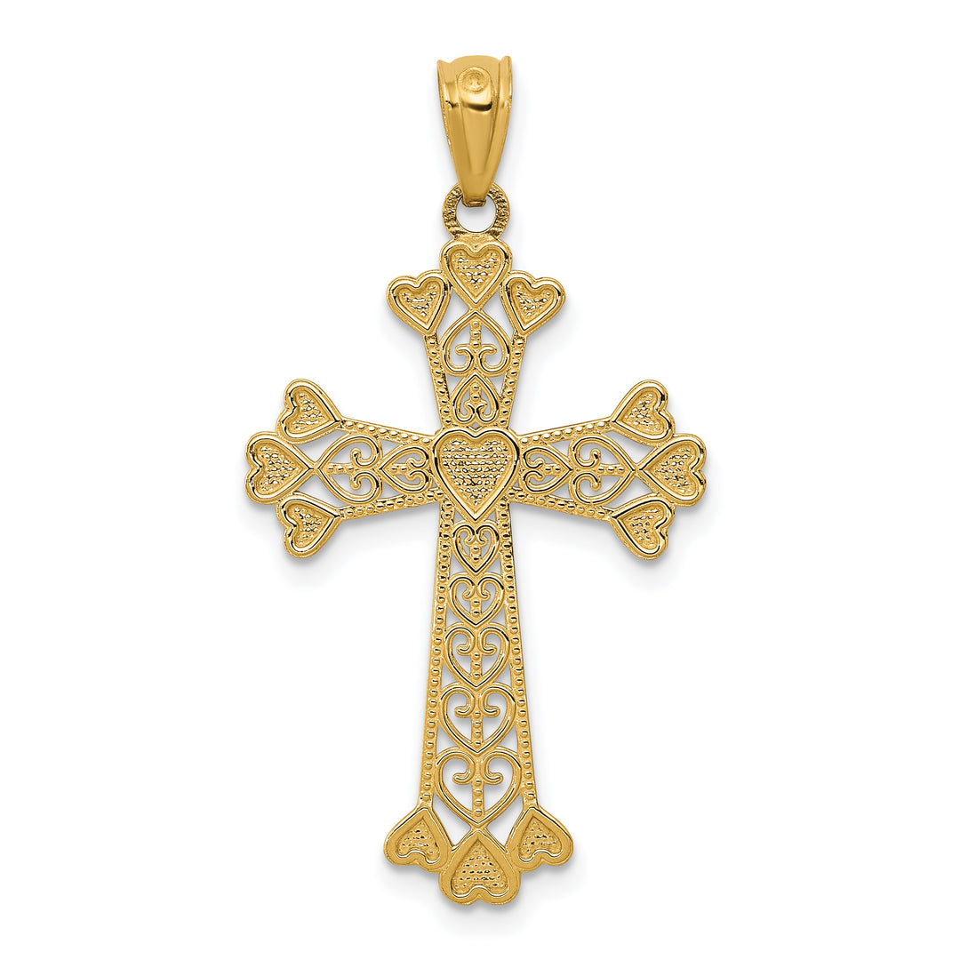 14k Diamond-cut Polished Filigree Hearts Cross Pendant