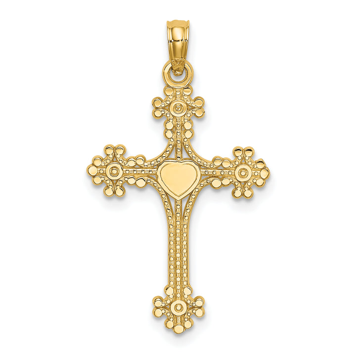 14K Beaded Tip Cross w/ Heart Center Charm