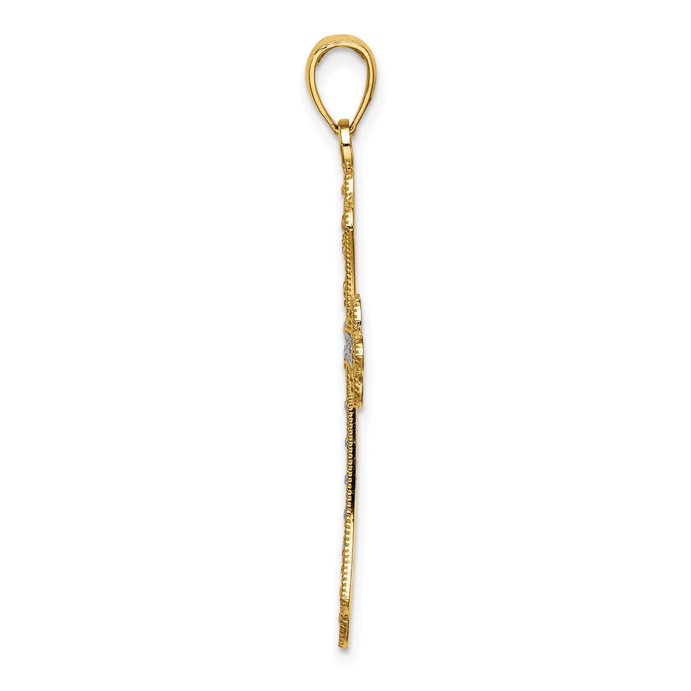 14K W/ Rhodium Scalloped Edges Cross Charm