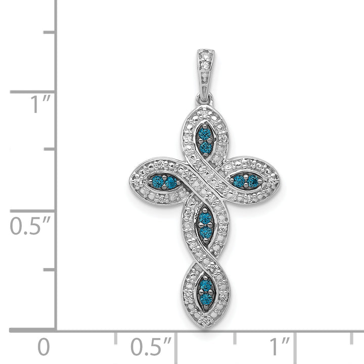 14k White Gold White and Blue Diamond Cross Pendant