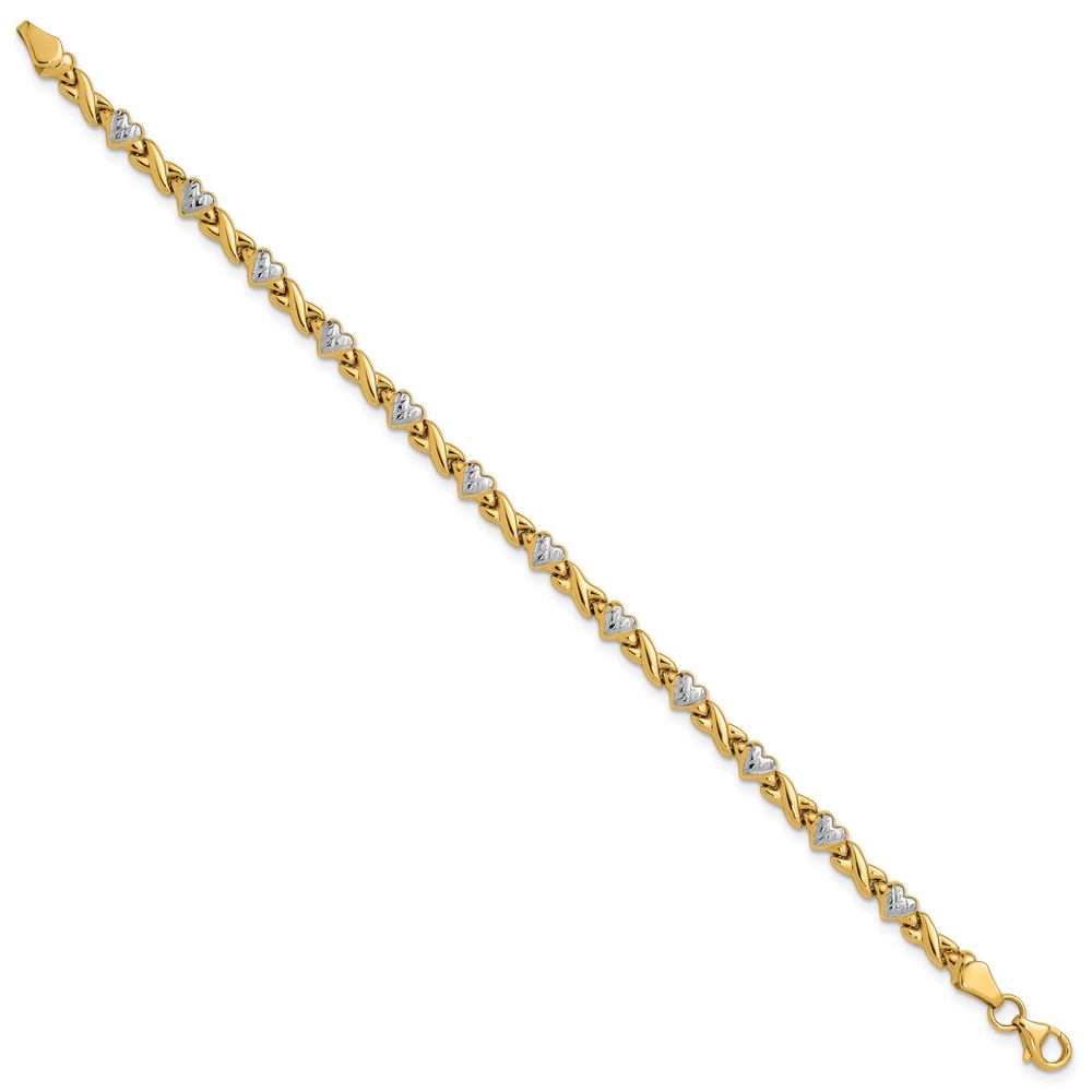 14k w/Rhodium Polished Heart and X Bracelet