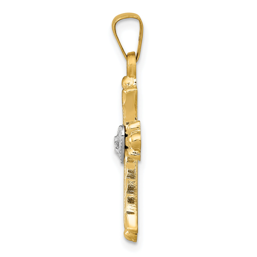 14K w/Rhodium Diamond Fleur De Lis Cross Pendant