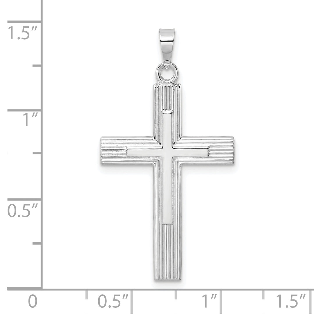 14k White Gold Polished Solid Striped Double Cross Pendant