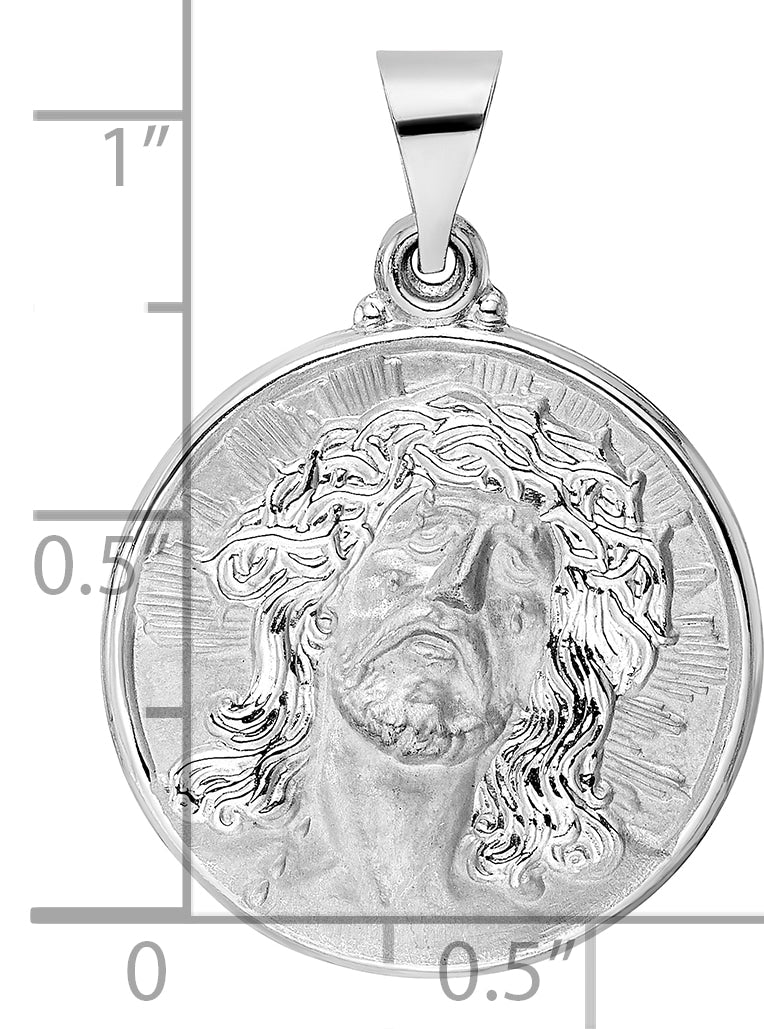 14k White Gold Polished and Satin Hollow Jesus Face Disc Pendant