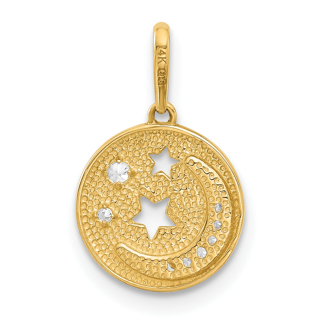 14k Polished CZ Moon and Stars in Disc Pendant